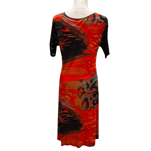 NWT Bleu d’Azur faux wrap midi dress.  Black/red floral. Large - Picture 2 of 7